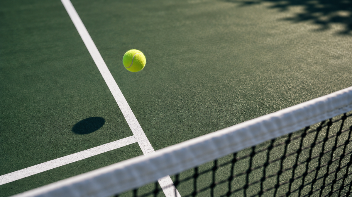 Tennisboll och nät på grön tennisbana