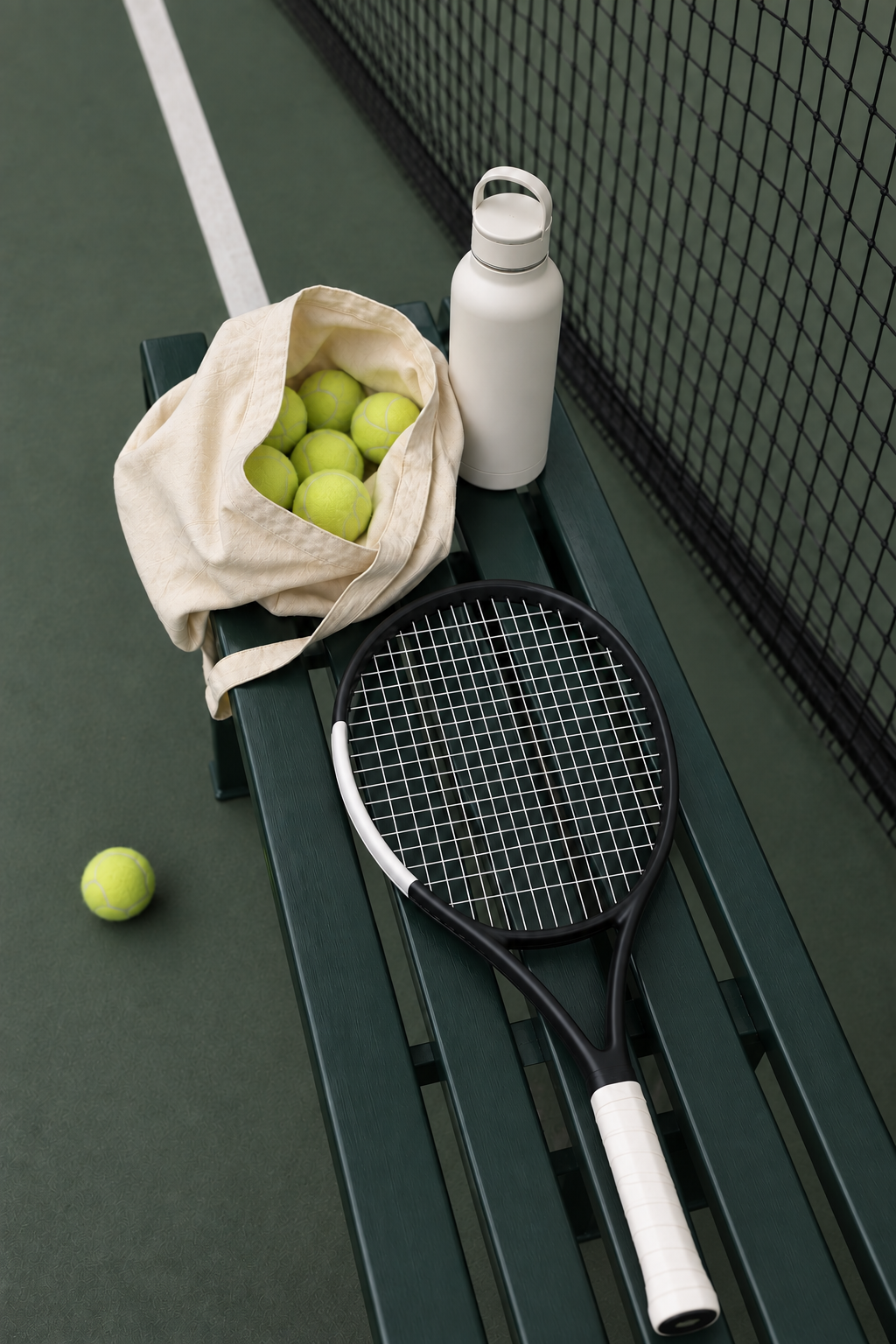 Tennisracket och bollar på en grön bänk